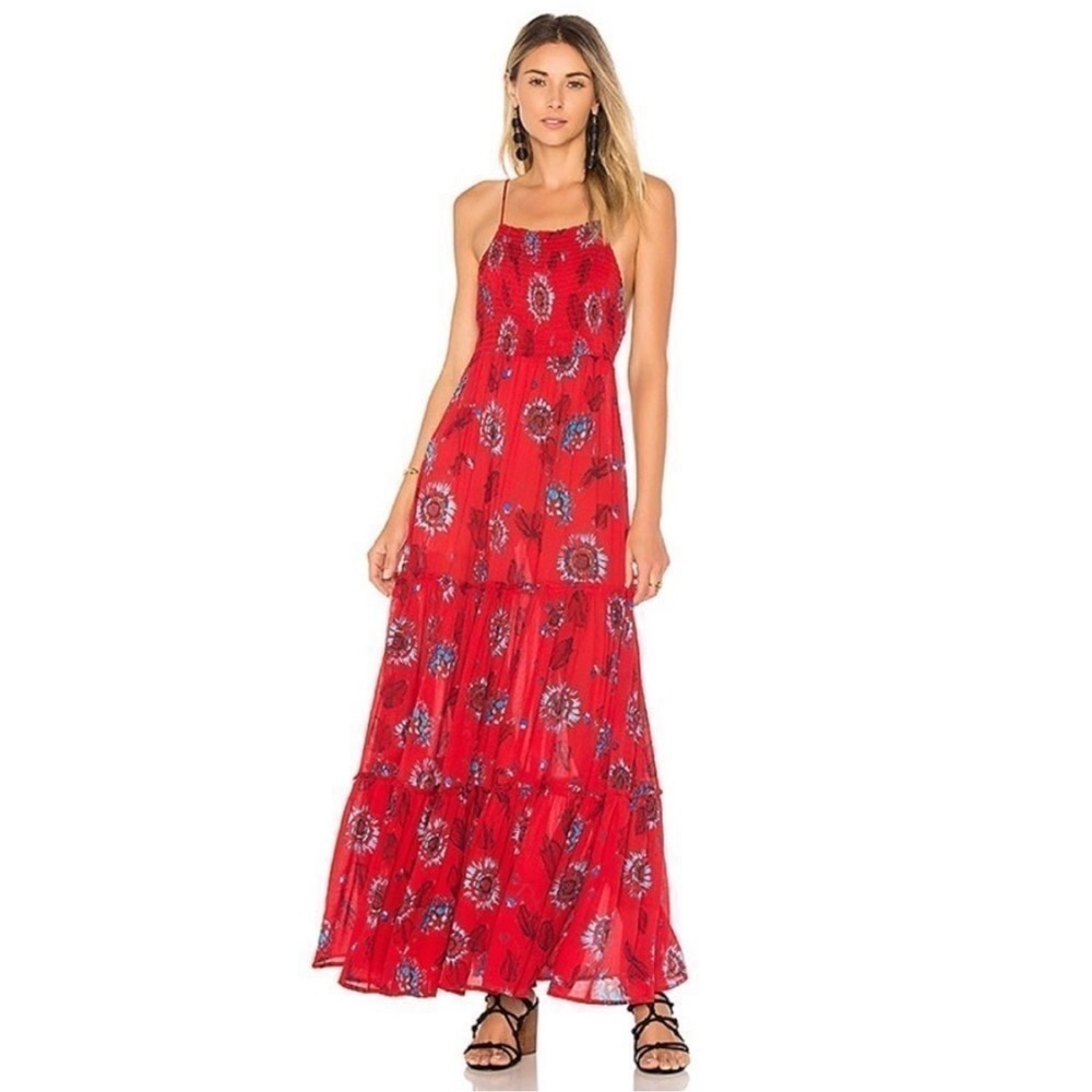 Intimately Free People Garden Party Floral Smocked Tiered Maxi Dress Boho Red XS